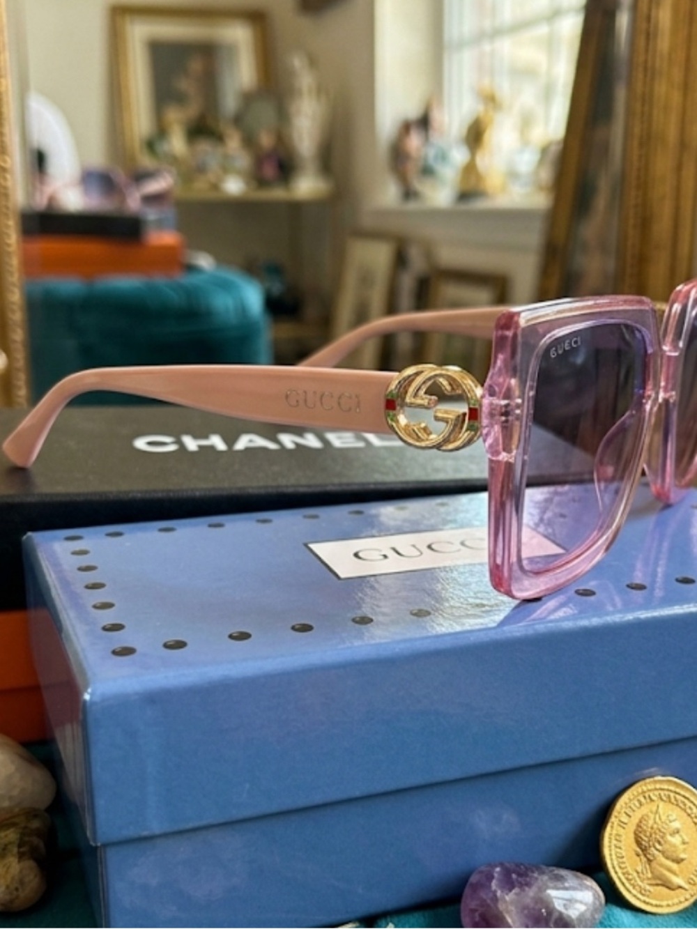 Transparent Pink Square Frame Sunglasses